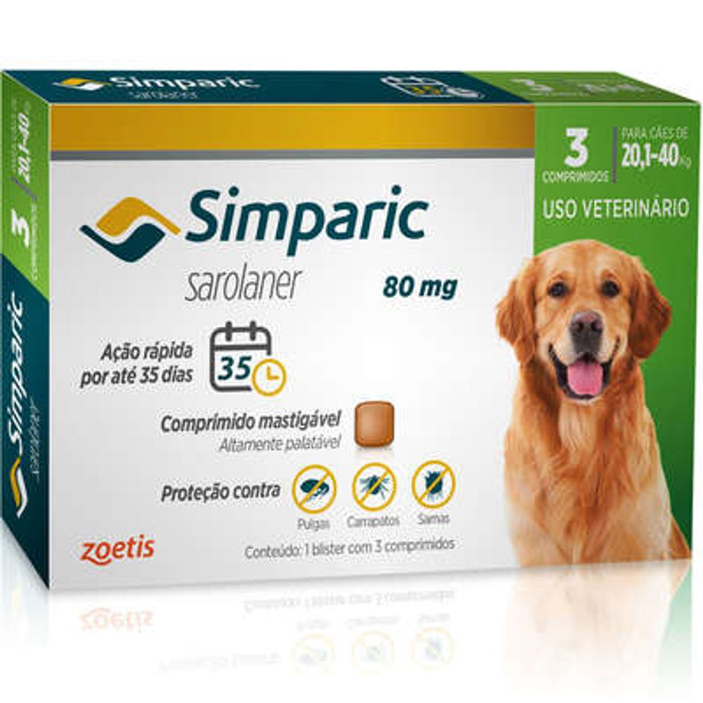 Simparic antipulgas para Cães de 20,1 a 40Kg - 80mg - cx com 3 compr ...